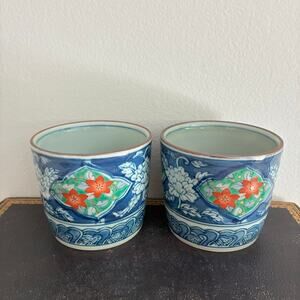 Japanese Yunomi Tea Cups Set Imari Style Blue Floral